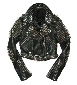 Full Black Punk Brando Silver Spiked Studded Cowhide Leather Jacket