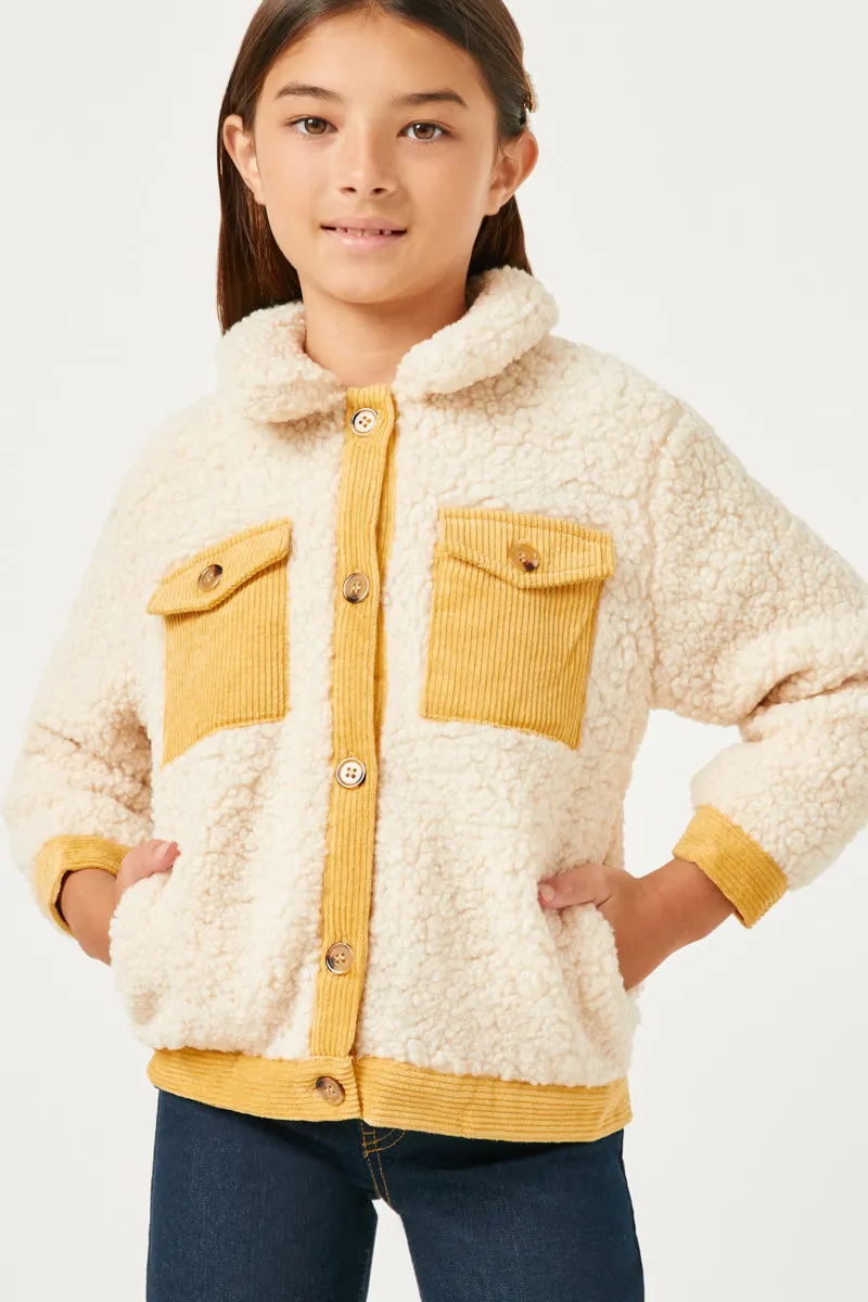 Girls Contrast Corduroy Trimmed Button Up Sherpa Jacket