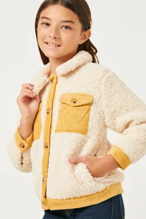 Girls Contrast Corduroy Trimmed Button Up Sherpa Jacket