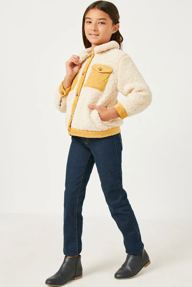 Girls Contrast Corduroy Trimmed Button Up Sherpa Jacket