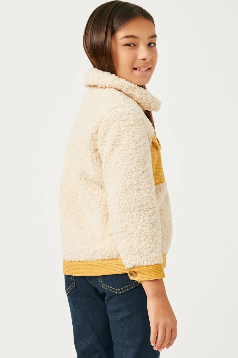 Girls Contrast Corduroy Trimmed Button Up Sherpa Jacket