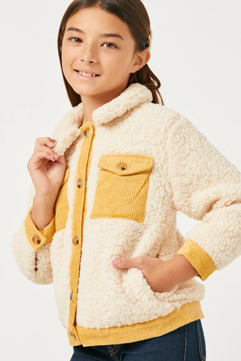 Girls Contrast Corduroy Trimmed Button Up Sherpa Jacket