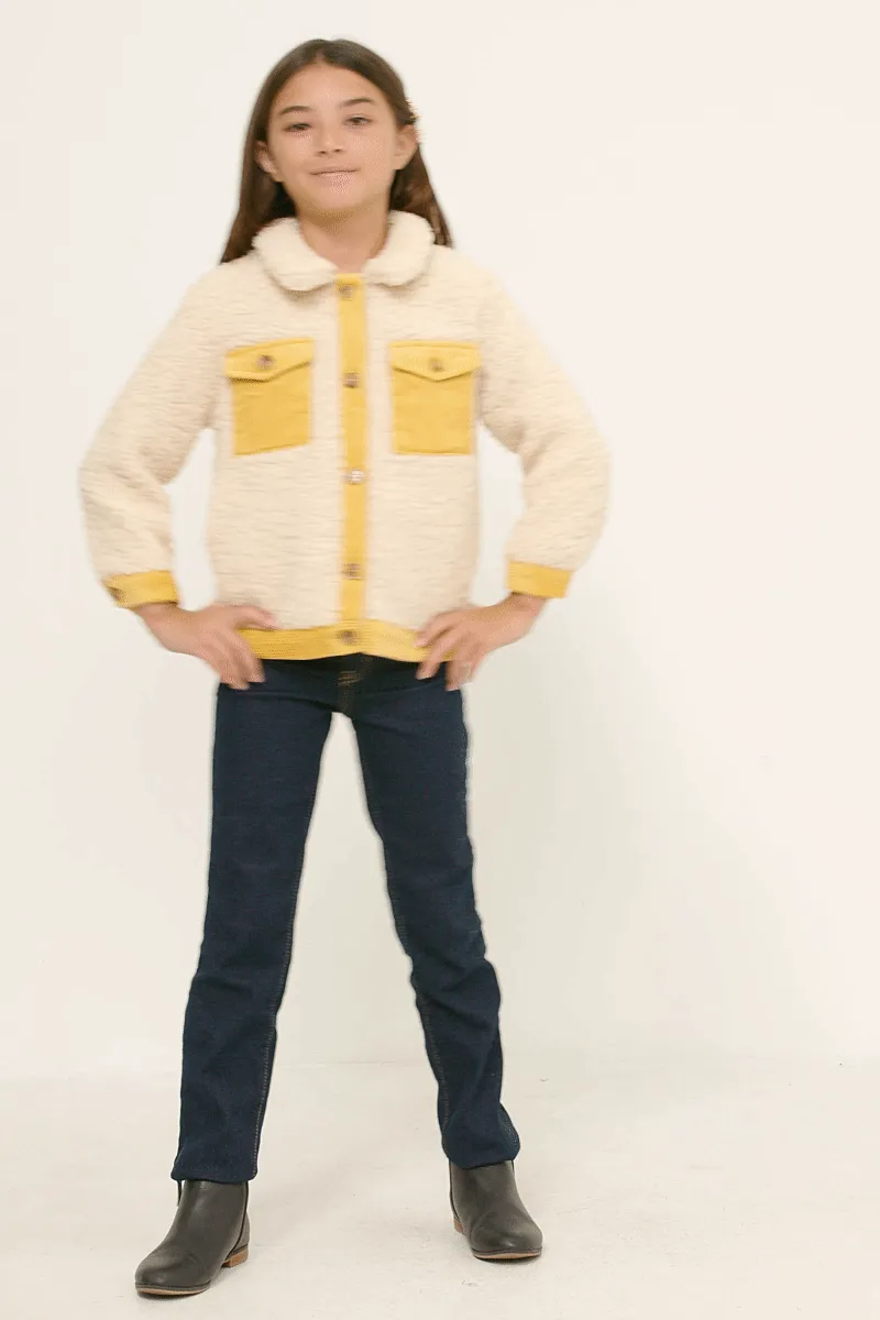 Girls Contrast Corduroy Trimmed Button Up Sherpa Jacket