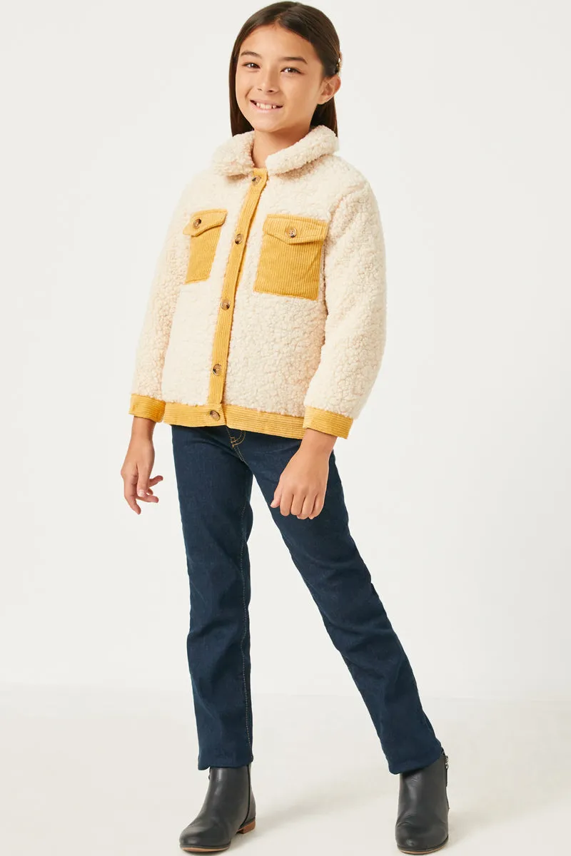 Girls Contrast Corduroy Trimmed Button Up Sherpa Jacket