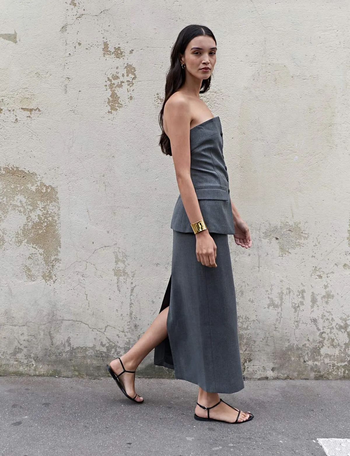 Grey Button Strapless Top