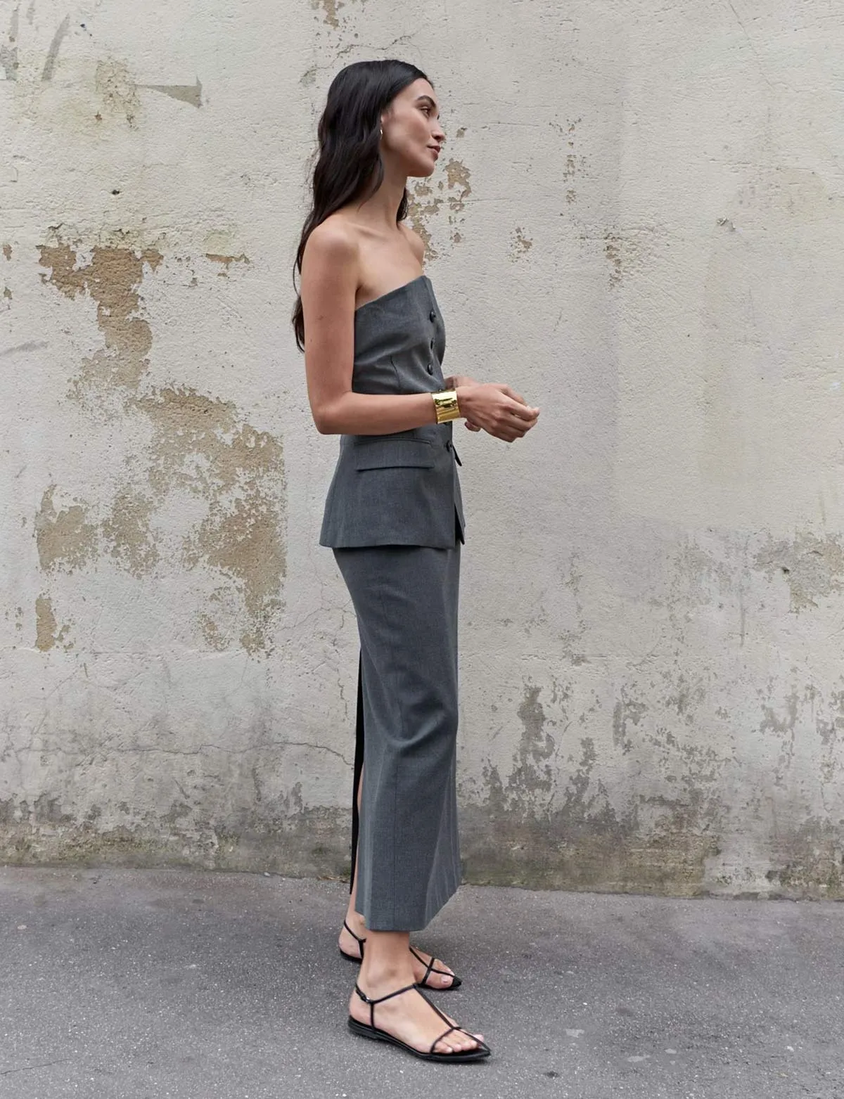 Grey Button Strapless Top