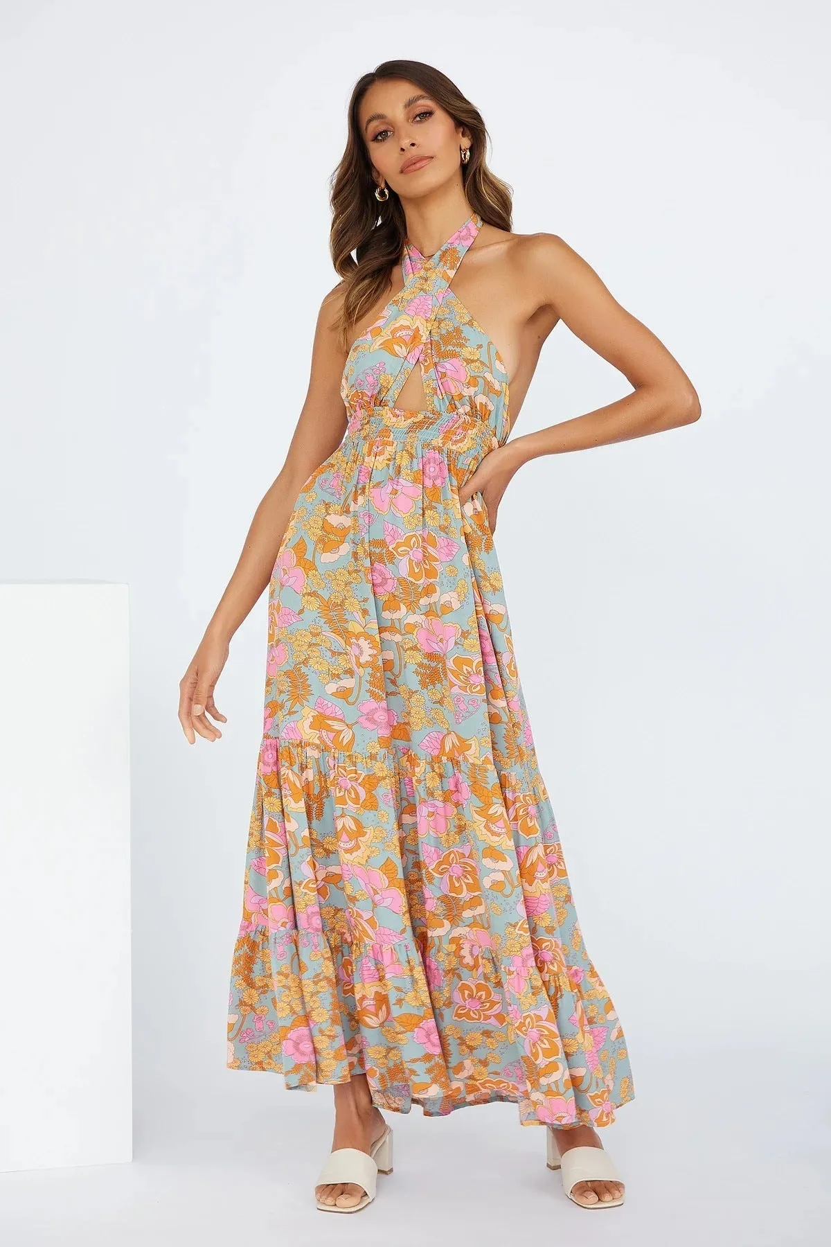 Halter Neck Floral Maxi Dress