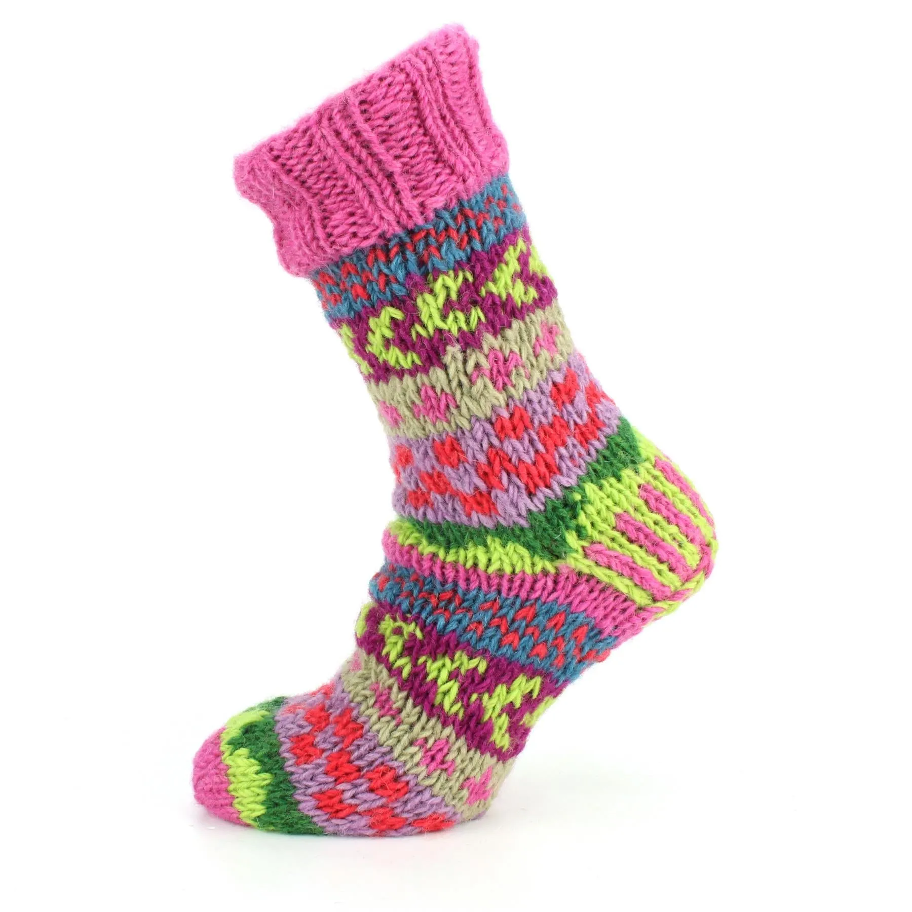 Hand Knitted Wool Slipper Socks Lined - Chevron Pink