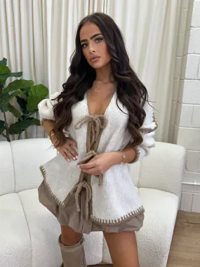 Harriet Cream/Tan Stitch Tie Up Cardigan