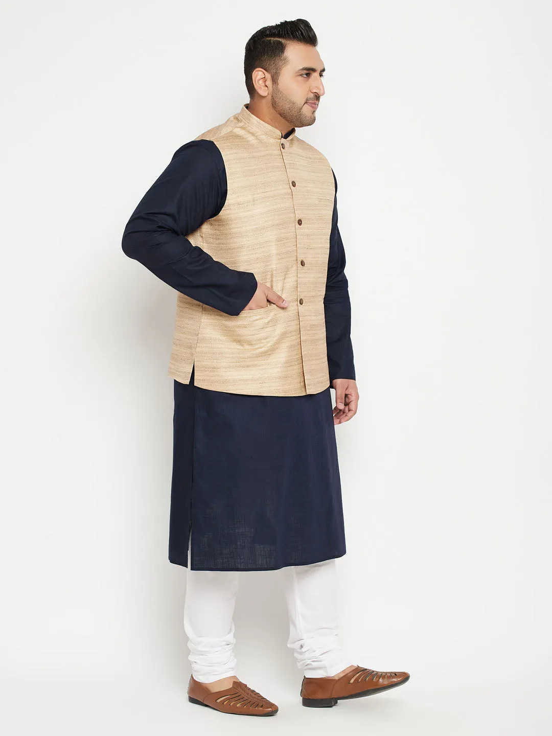 Jashvi Men's Plus Size Navy Blue and Beige Cotton Blend Jacket Kurta Pyjama Set