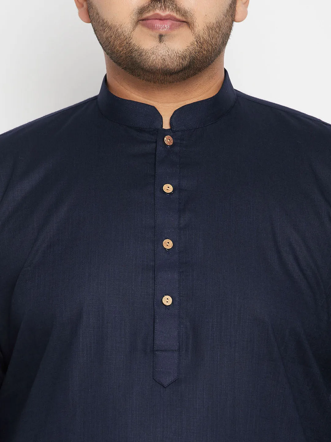 Jashvi Men's Plus Size Navy Blue and Beige Cotton Blend Jacket Kurta Pyjama Set