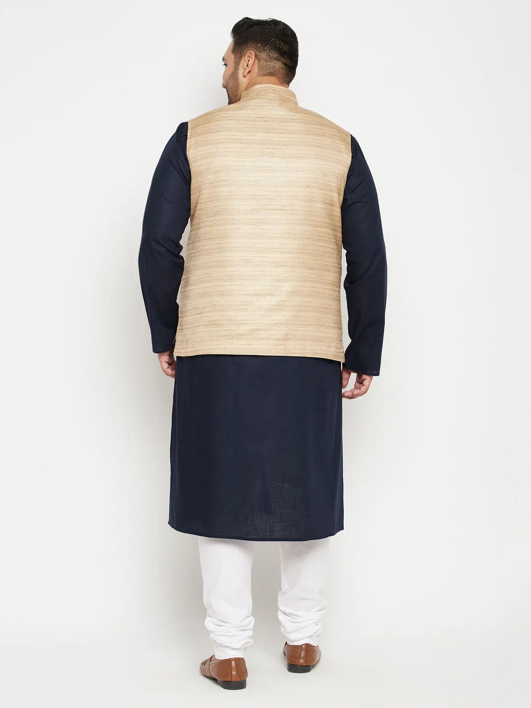 Jashvi Men's Plus Size Navy Blue and Beige Cotton Blend Jacket Kurta Pyjama Set