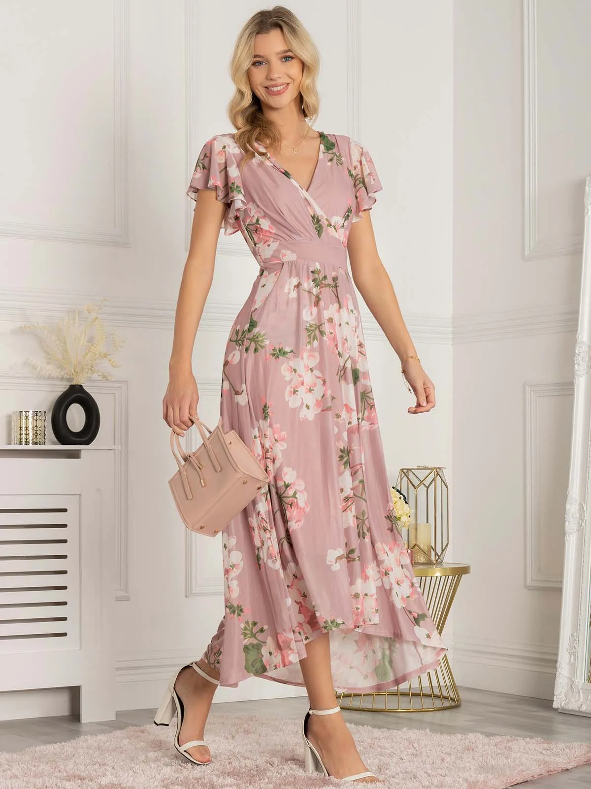 Jolie Moi Eleanor Wrap Mesh Maxi Dress, Pink Floral