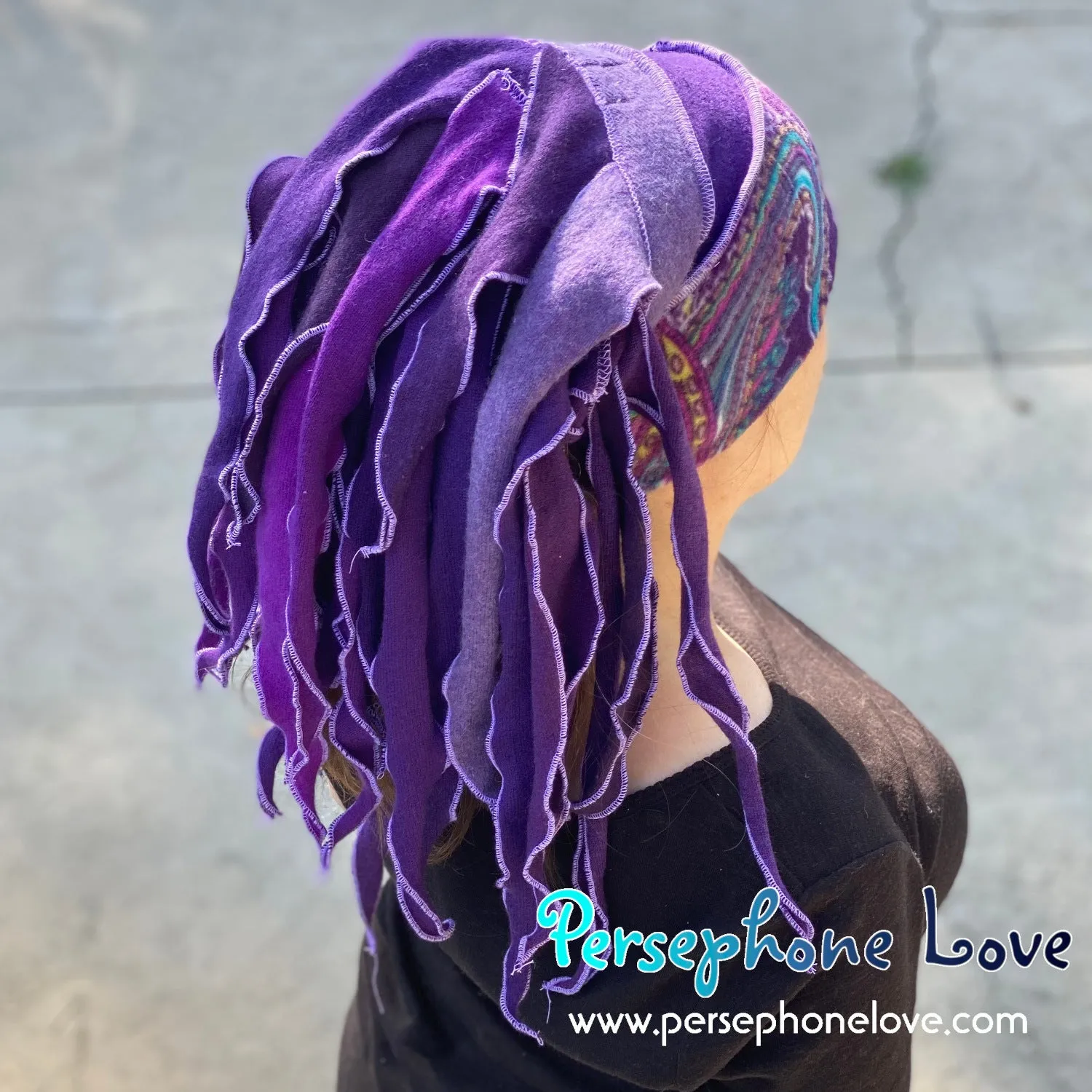 Katwise inspired purple paisley felted 100% cashmere/fleece recycled sweater dreadlock hat-1458