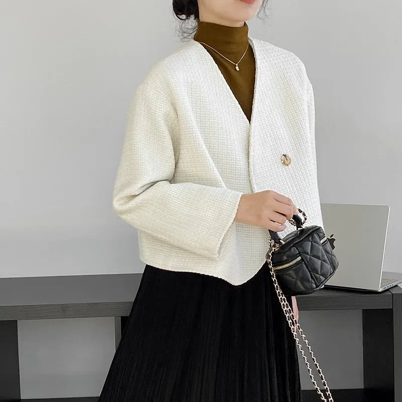 [Korean Style] High Quality Minimalistic Off white Collarless Cropped Tweed Jacket