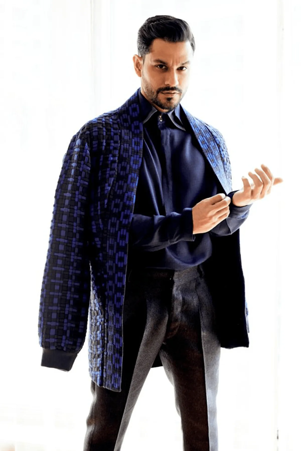 Kunal Khemu In Weave Textured Jacket with Short Kurta and Textured Pants