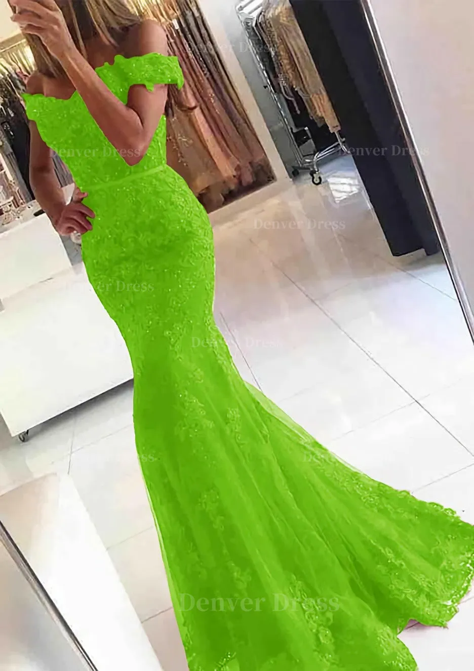 Lace Long/Floor-Length Trumpet/Mermaid Sleeveless Off-The-Shoulder Zipper Prom Dress With Appliqued Beaded