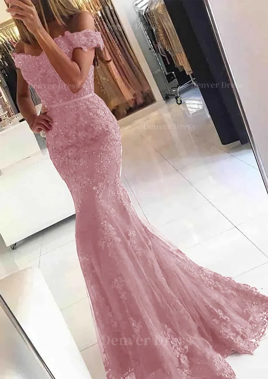 Lace Long/Floor-Length Trumpet/Mermaid Sleeveless Off-The-Shoulder Zipper Prom Dress With Appliqued Beaded