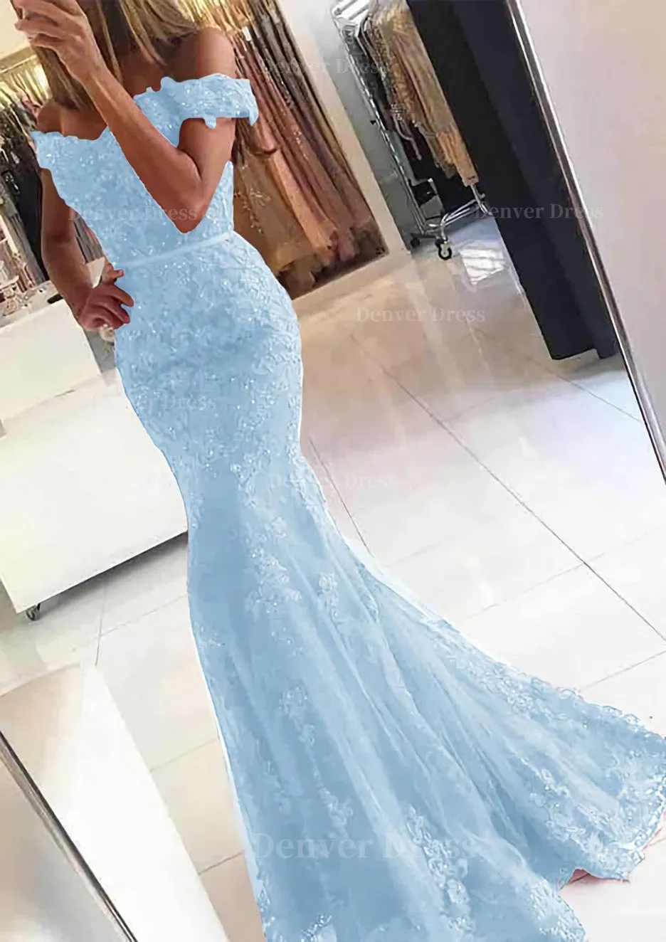 Lace Long/Floor-Length Trumpet/Mermaid Sleeveless Off-The-Shoulder Zipper Prom Dress With Appliqued Beaded