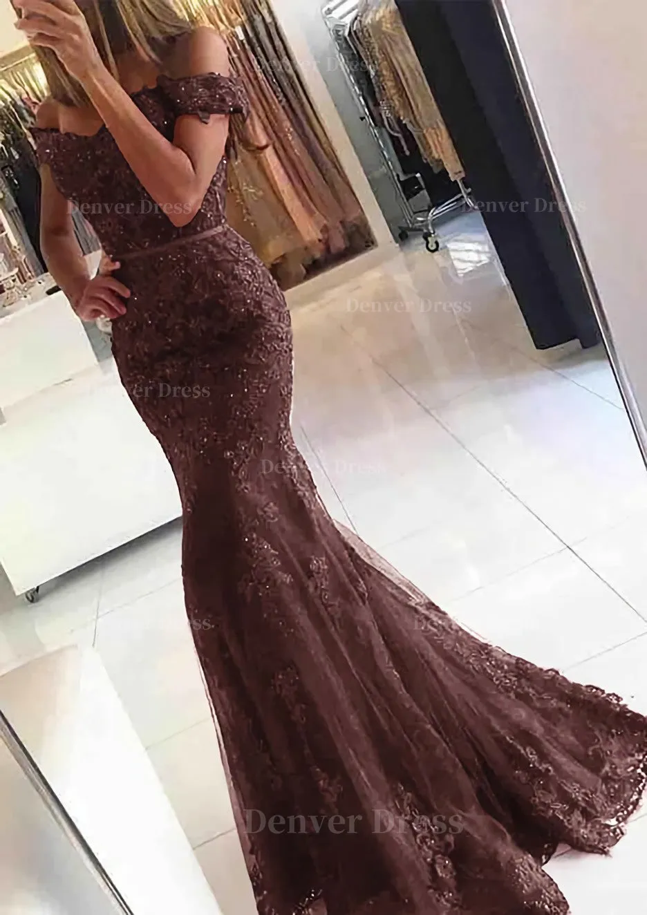 Lace Long/Floor-Length Trumpet/Mermaid Sleeveless Off-The-Shoulder Zipper Prom Dress With Appliqued Beaded