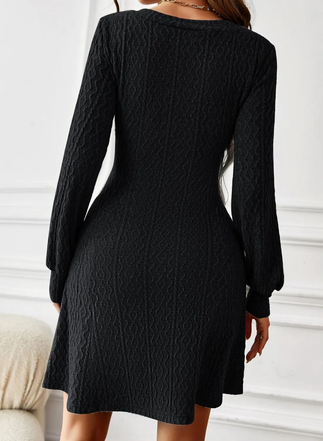 Lantern Sleeve V-Neck Textured Knit Dress