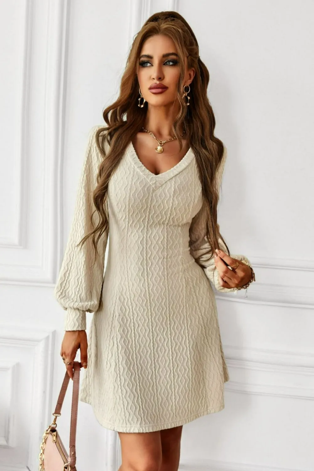 Lantern Sleeve V-Neck Textured Knit Dress