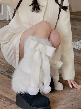 Large bow pompon fur leg warmers