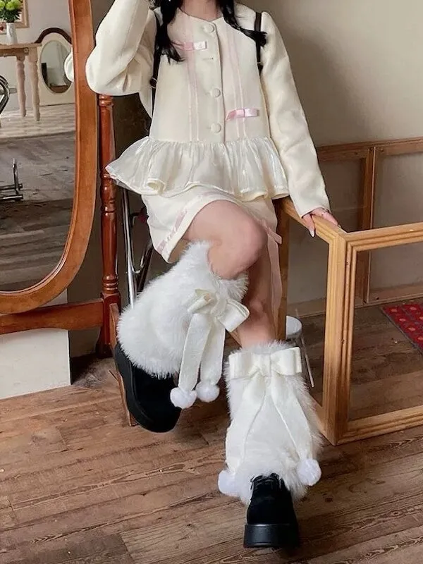 Large bow pompon fur leg warmers