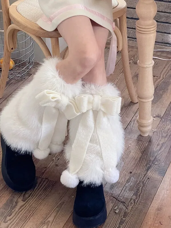 Large bow pompon fur leg warmers