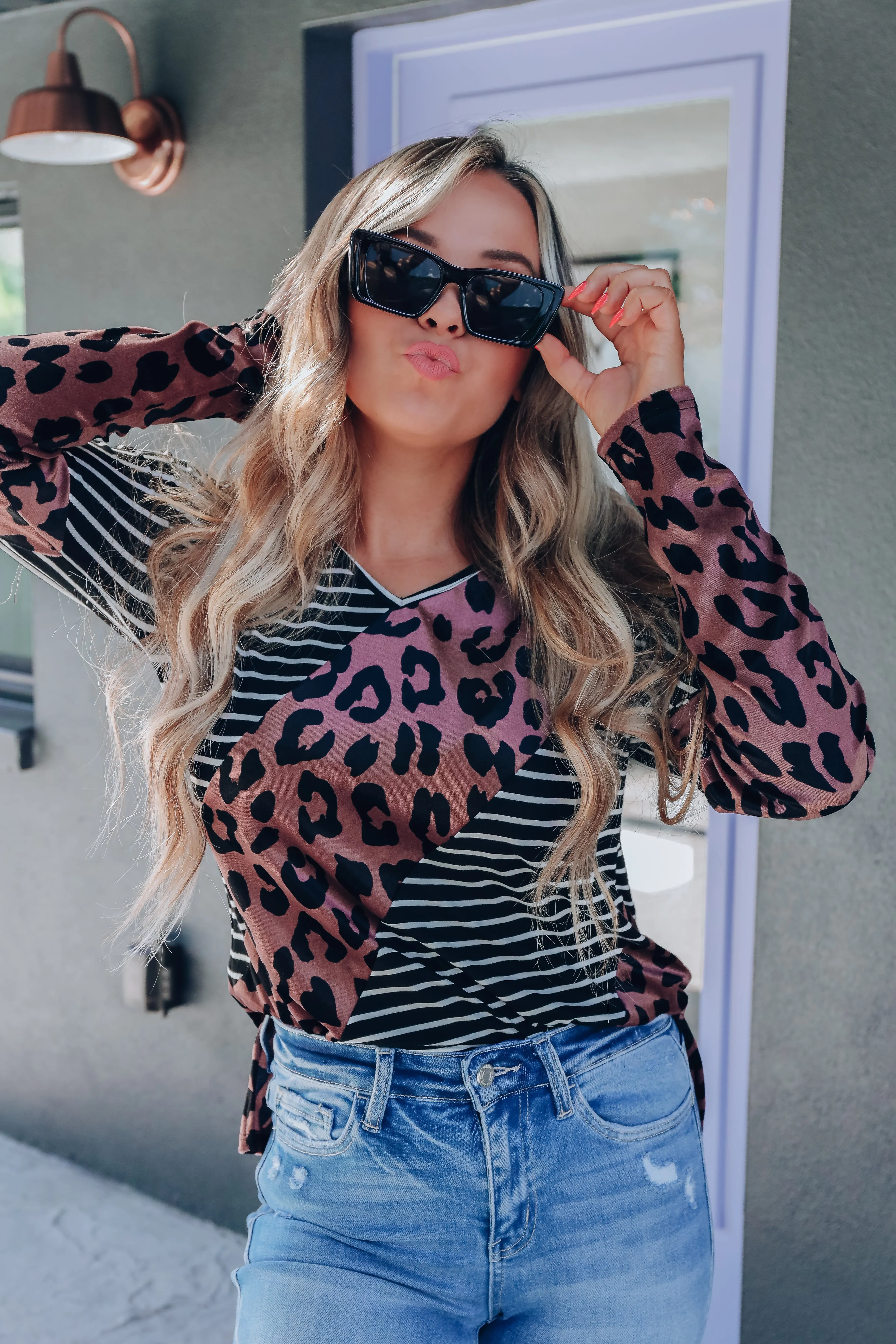 Lessie Leopard And Striped Color Block Top - Black