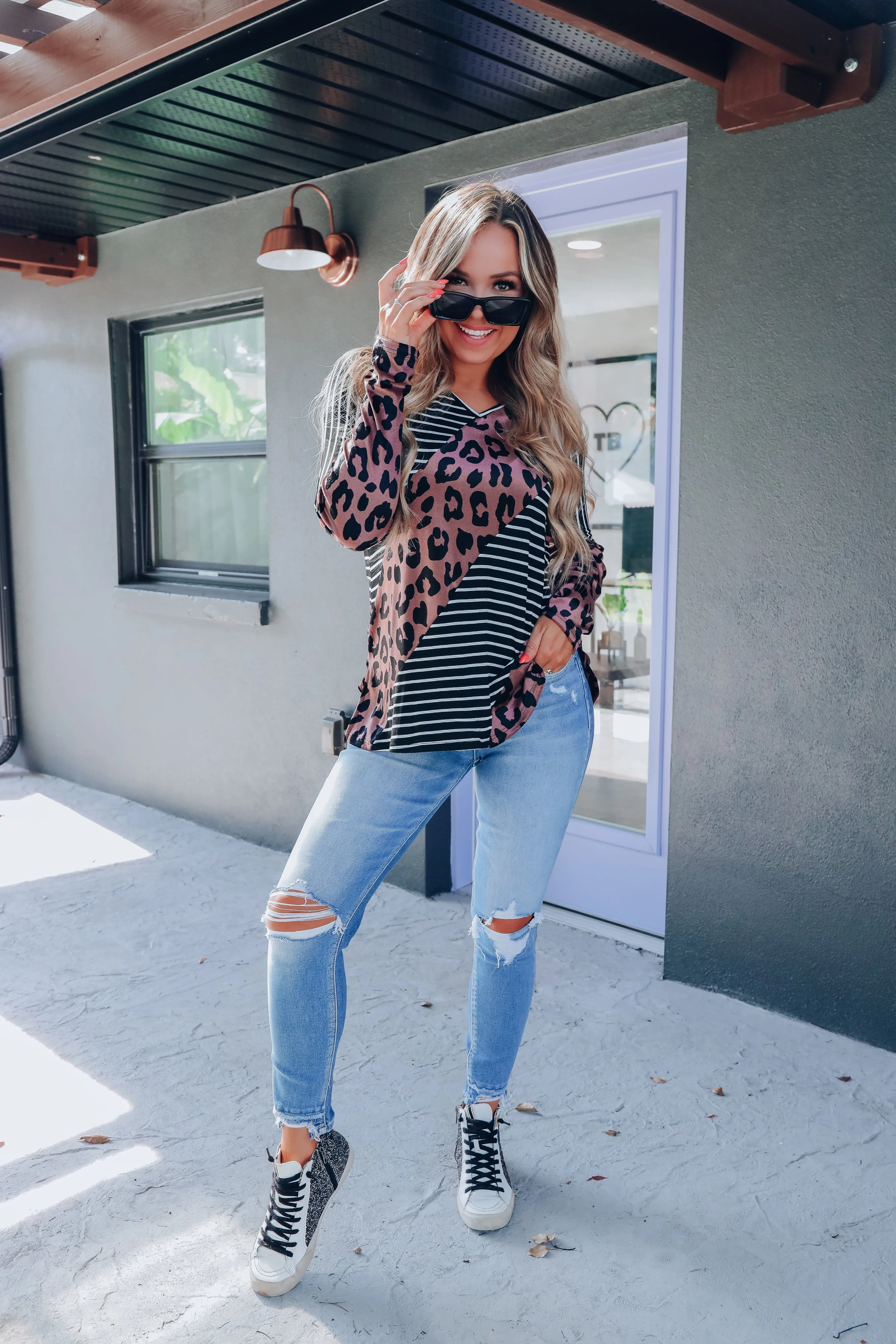 Lessie Leopard And Striped Color Block Top - Black