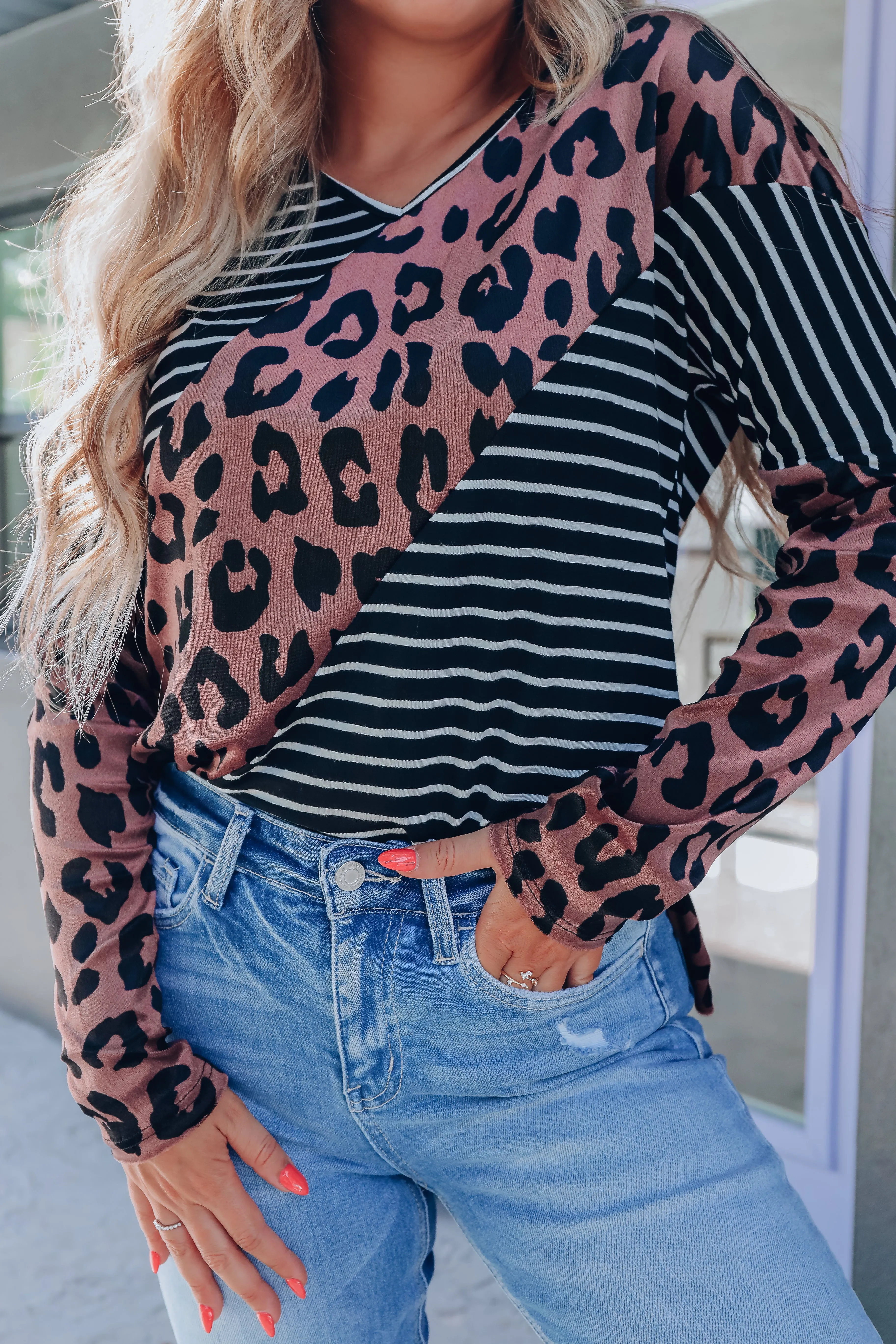 Lessie Leopard And Striped Color Block Top - Black