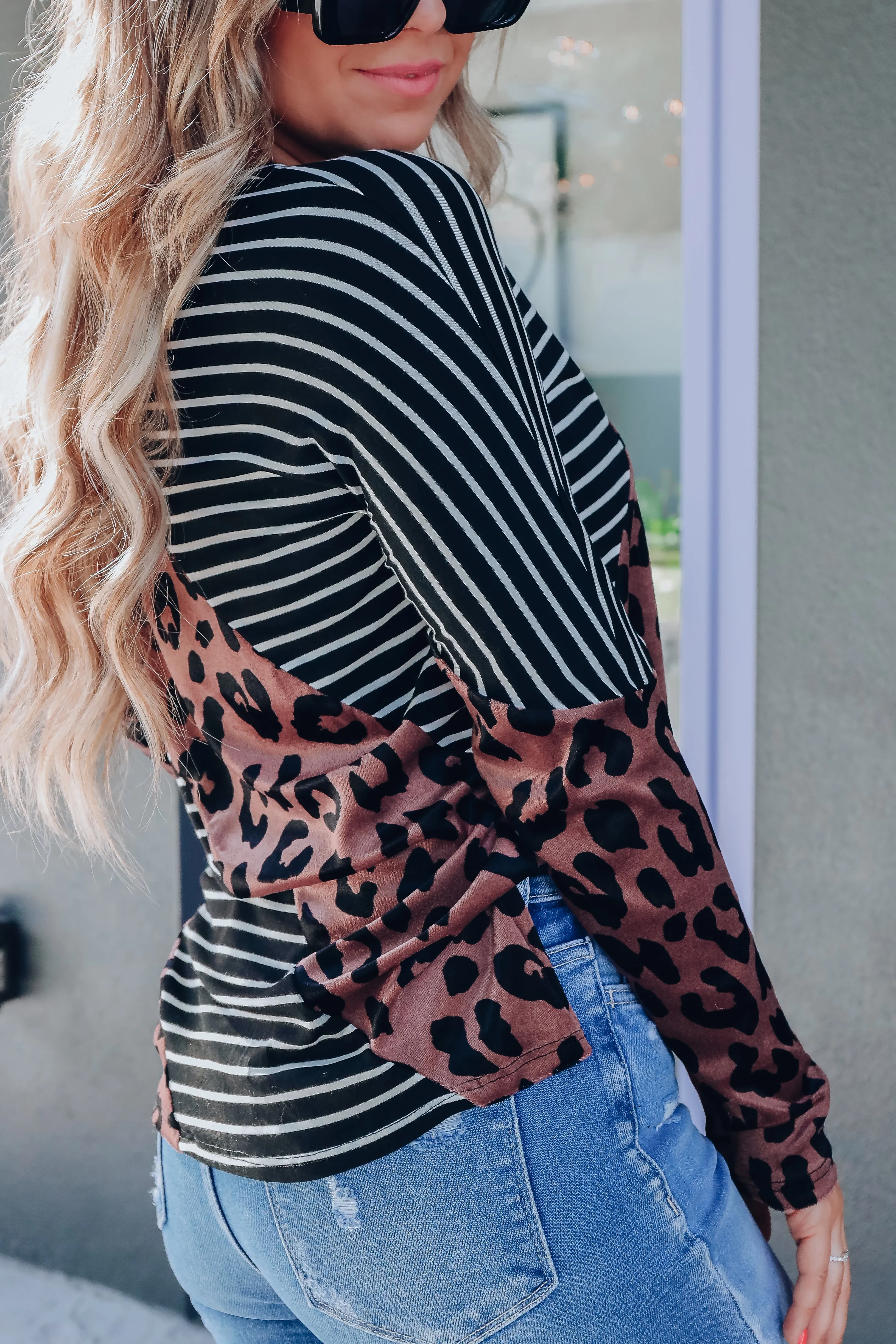 Lessie Leopard And Striped Color Block Top - Black
