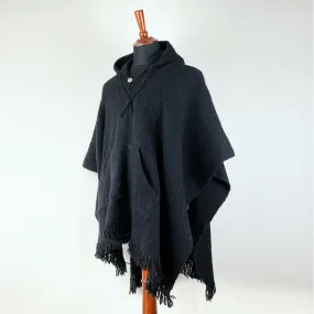 Llama Wool Unisex South American Handwoven Hooded Poncho - wavy striped black pattern - pocket