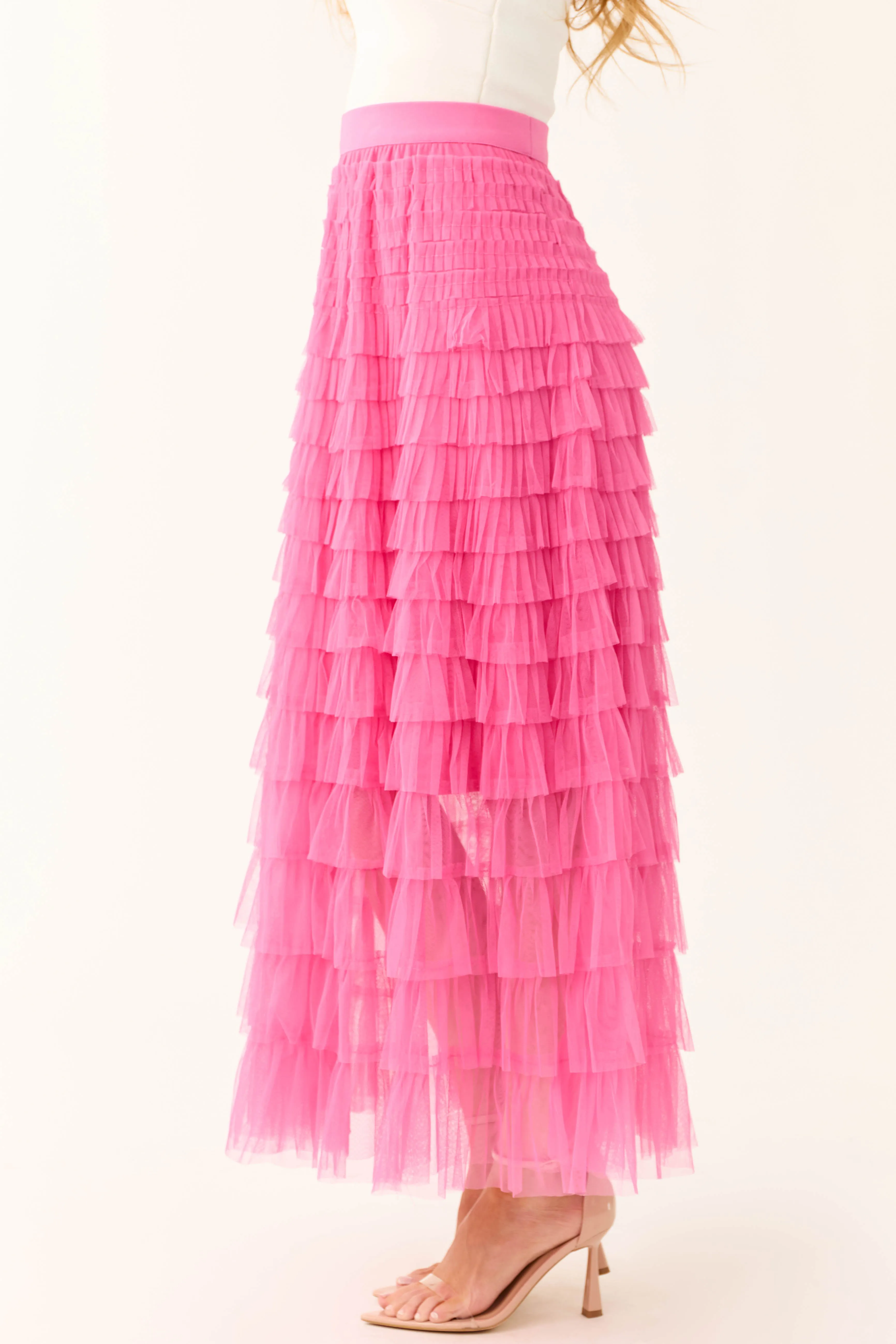 Magenta Ruffle Tulle Elastic Maxi Skirt