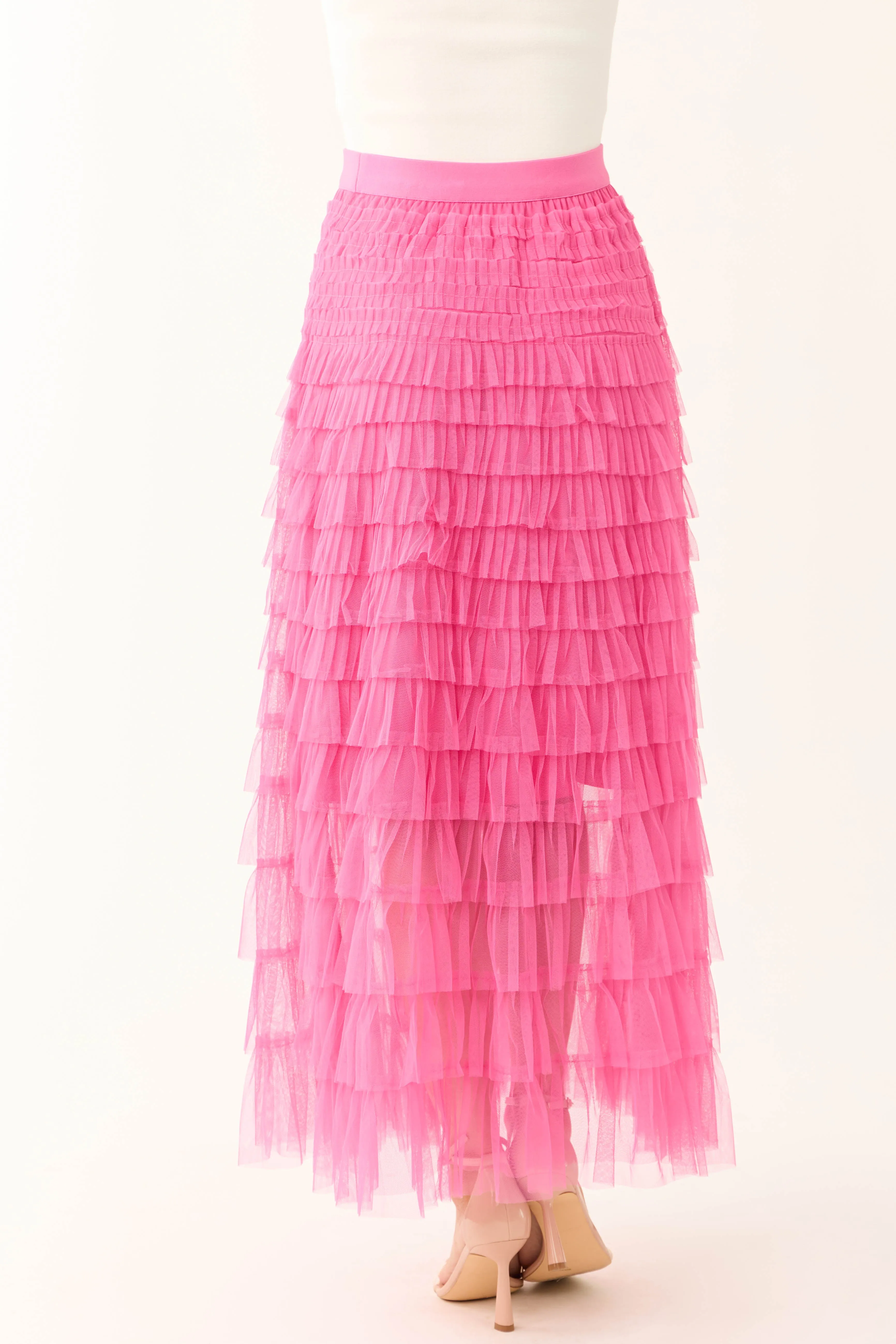Magenta Ruffle Tulle Elastic Maxi Skirt