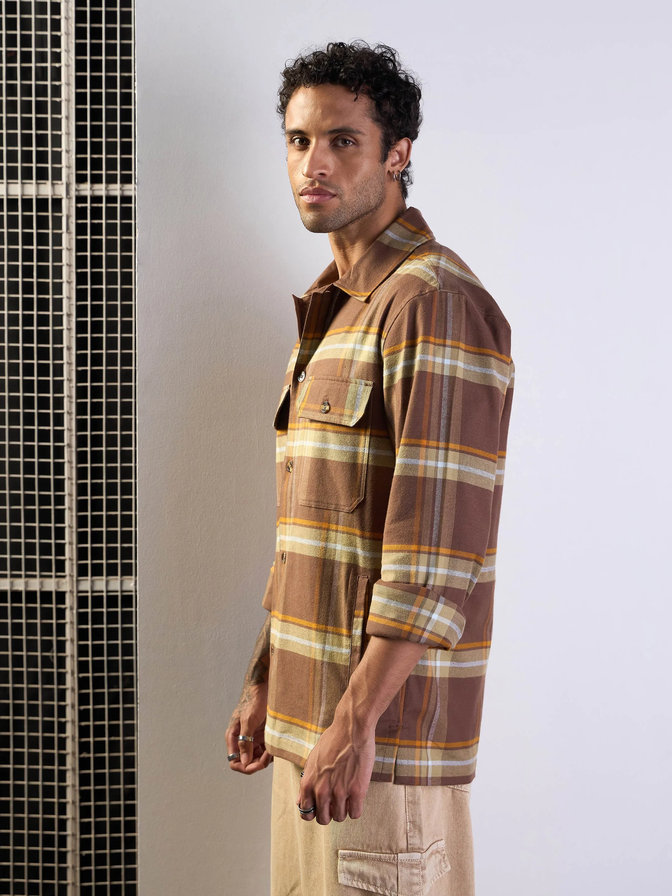 Men Brown & Khaki check Side Pocket Shacket