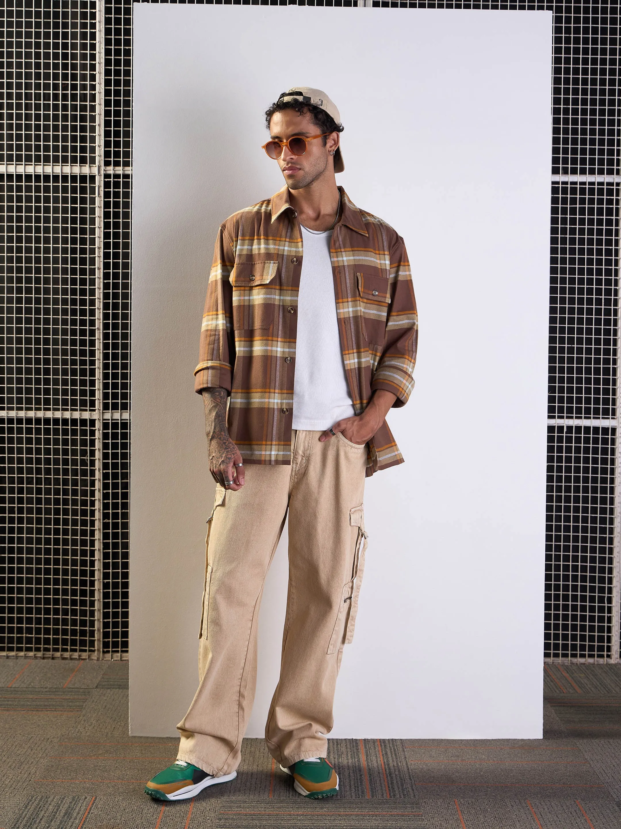 Men Brown & Khaki check Side Pocket Shacket