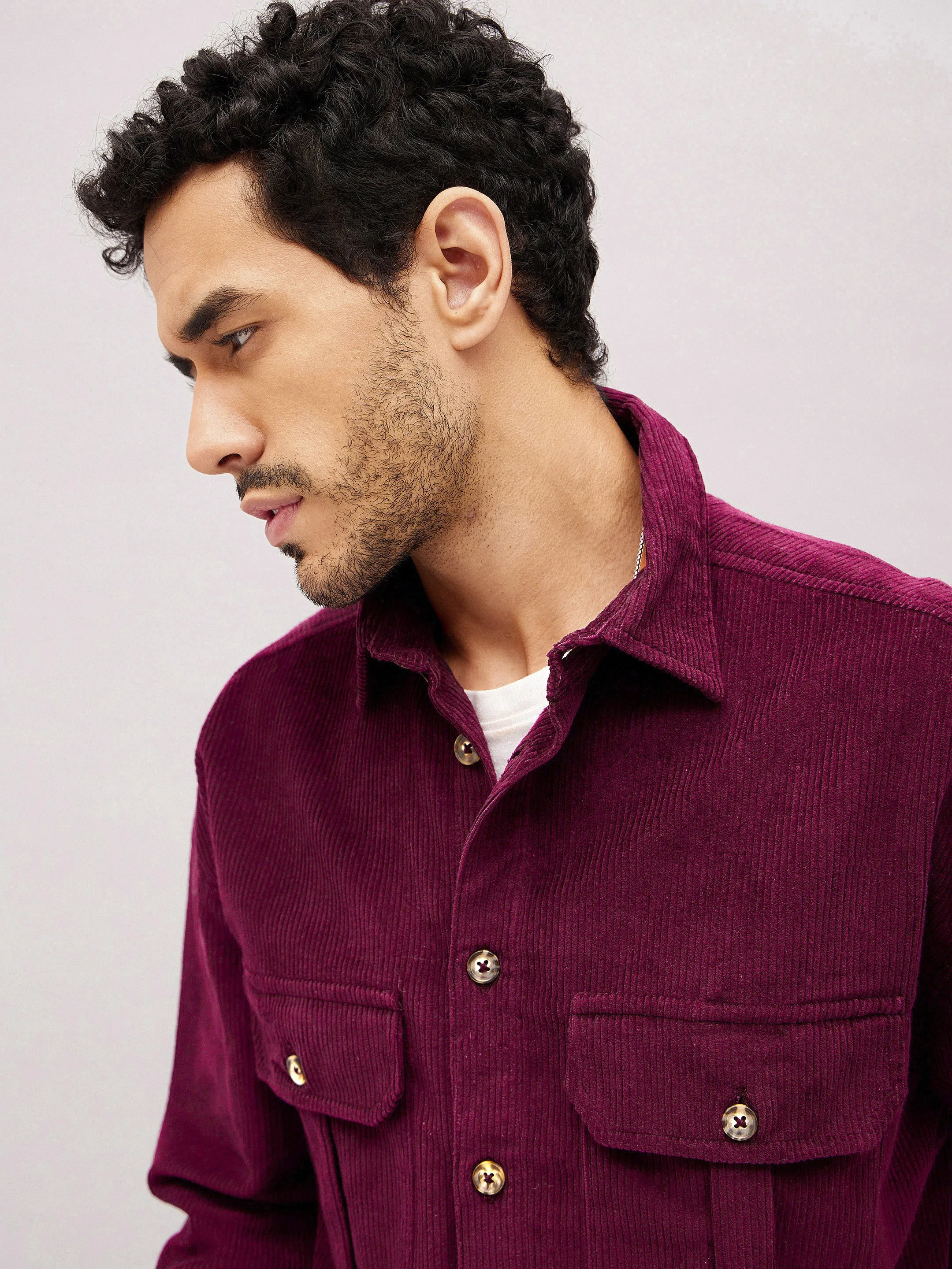 Men Maroon Corduroy Oversized Shacket