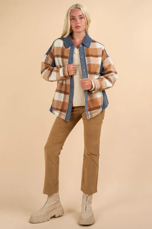 Mocha Mix Textured Denim Contrast Plaid Shacket Jacket