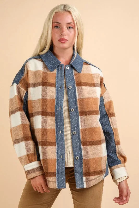 Mocha Mix Textured Denim Contrast Plaid Shacket Jacket