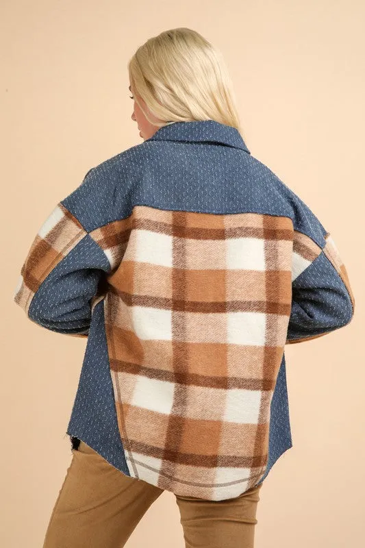Mocha Mix Textured Denim Contrast Plaid Shacket Jacket