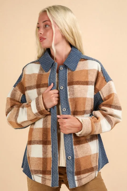 Mocha Mix Textured Denim Contrast Plaid Shacket Jacket