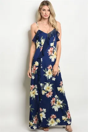 Navy Blue Floral Ruffled Maxi Dress
