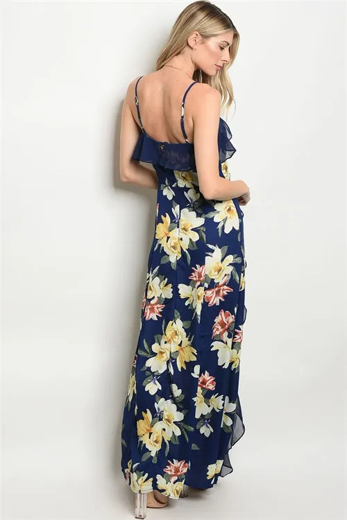 Navy Blue Floral Ruffled Maxi Dress