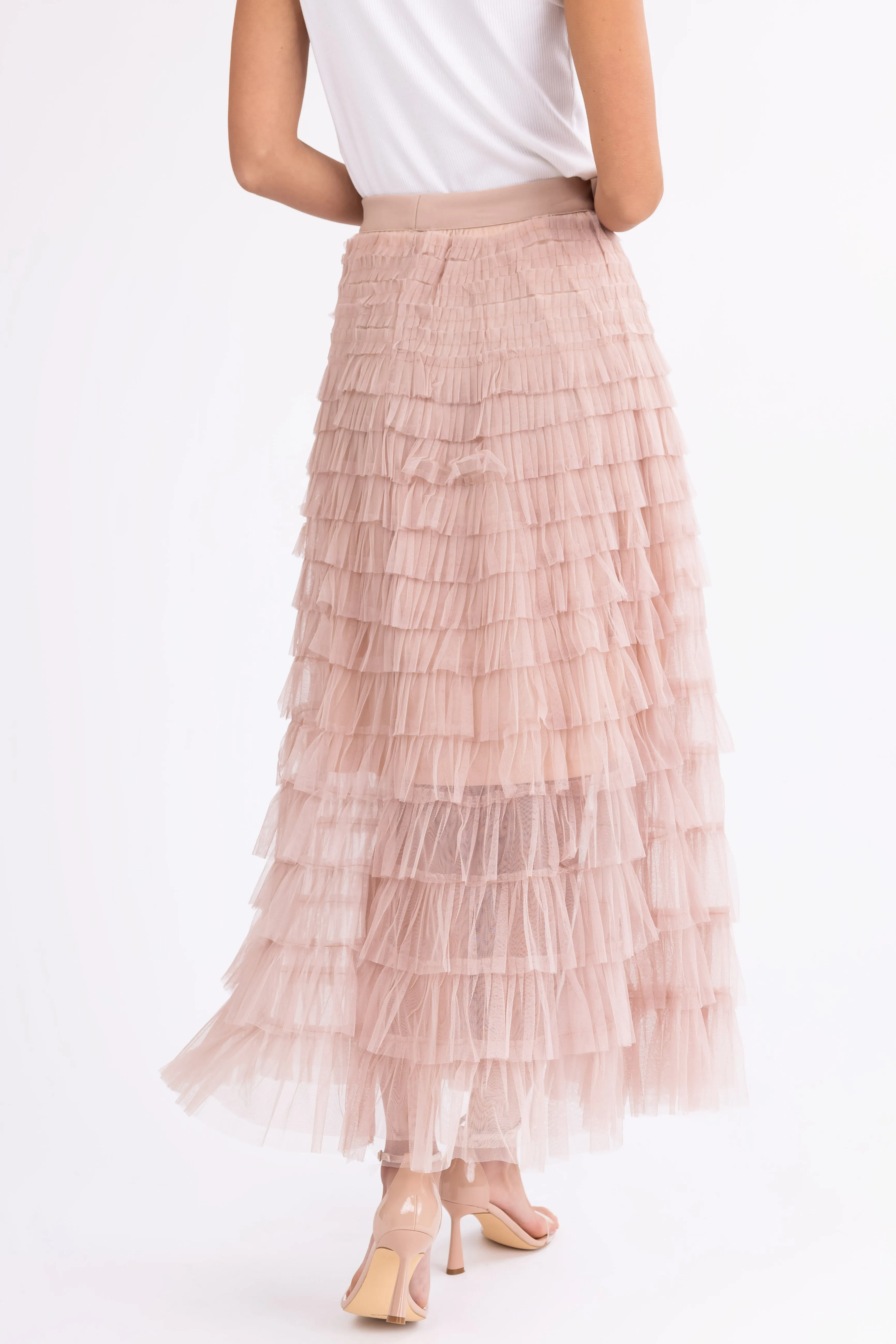 Nude Ruffle Tulle Elastic Maxi Skirt