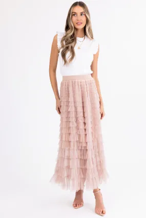 Nude Ruffle Tulle Elastic Maxi Skirt