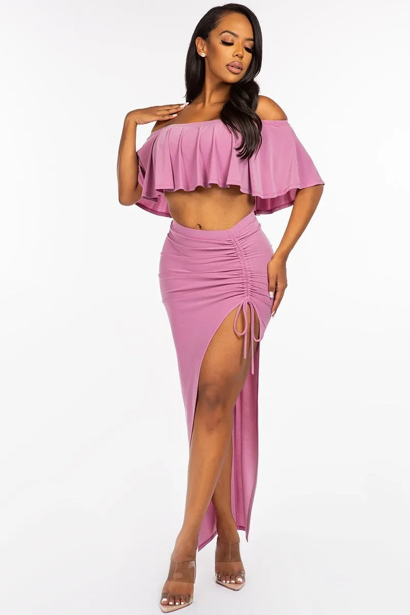 Off The Shoulder Ruffled Cropped Top And Ruched Maxi Skirt Two Piece Set