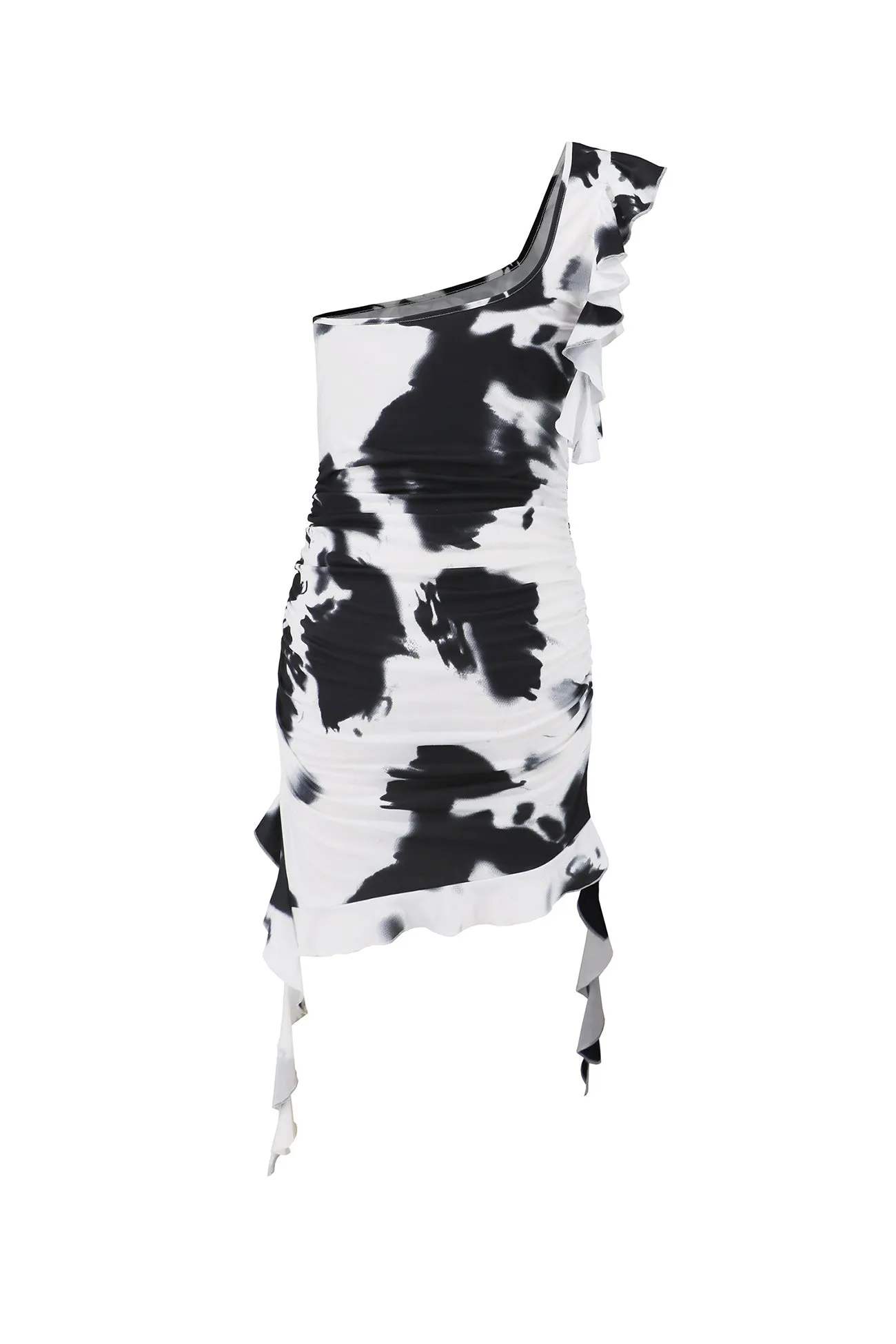 One Shoulder Tie Dyed Ruffle Mini Dress