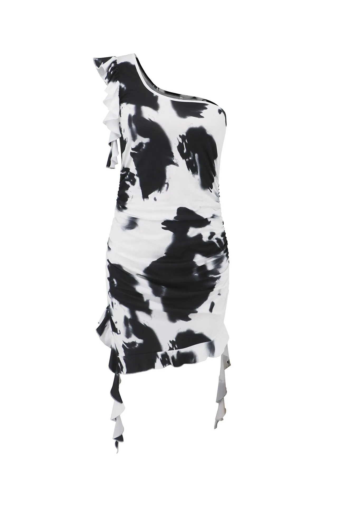 One Shoulder Tie Dyed Ruffle Mini Dress